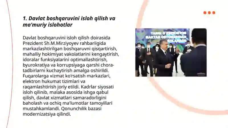 Yangi O‘zbekistonda Prezident Sh.M.Mirziyoyevrahbarligi va tashabbusi ostida amalgaoshirilayotgan islohotlar Ergashev Shamshod 3