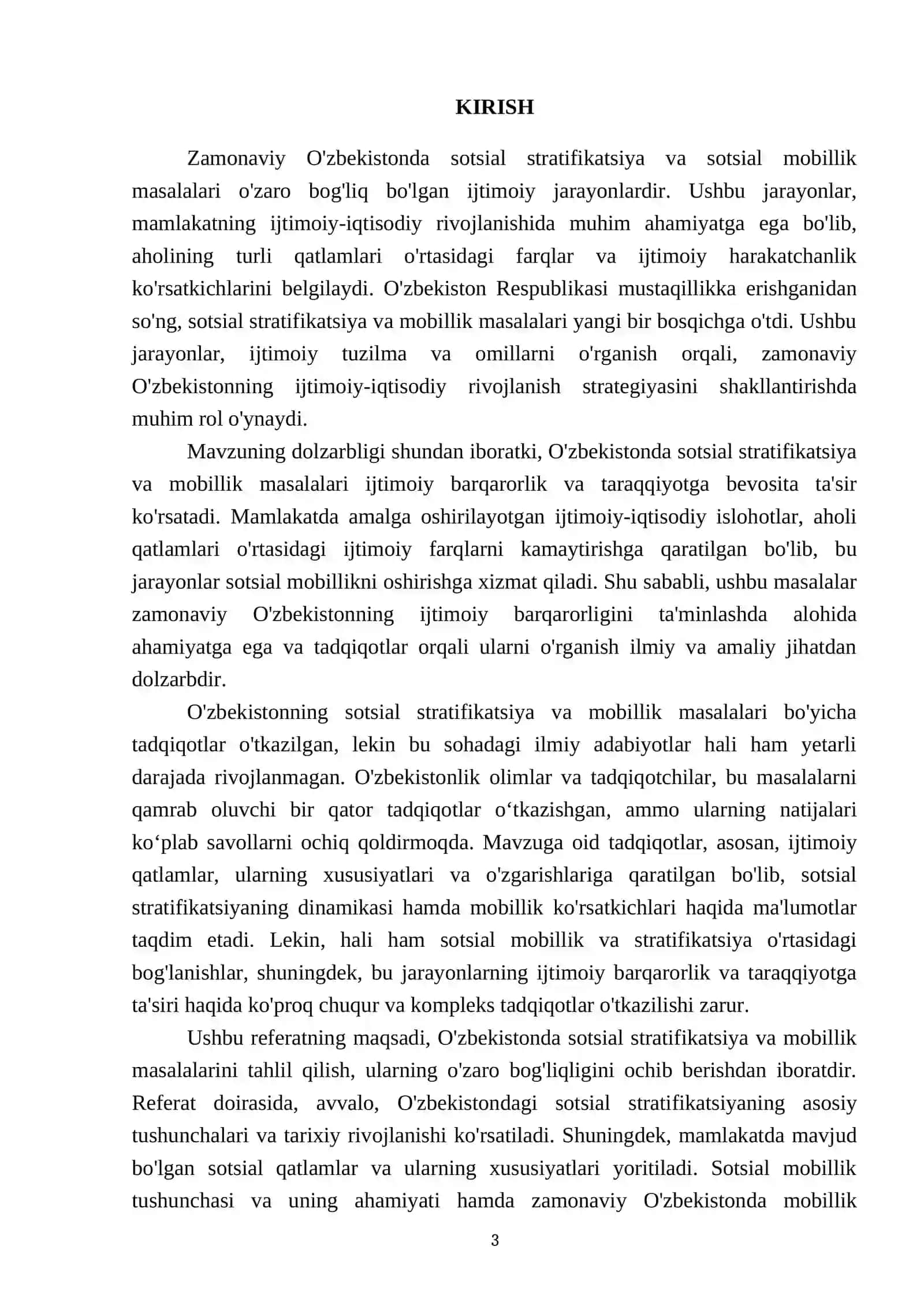 Zamonaviy O'zbekistonda sotsial stratifikatsiya va sotsial mobillik masalalari tahlili Sotsial harakatchanlik (mobillik) tushunchasi va uning mohiyati 3