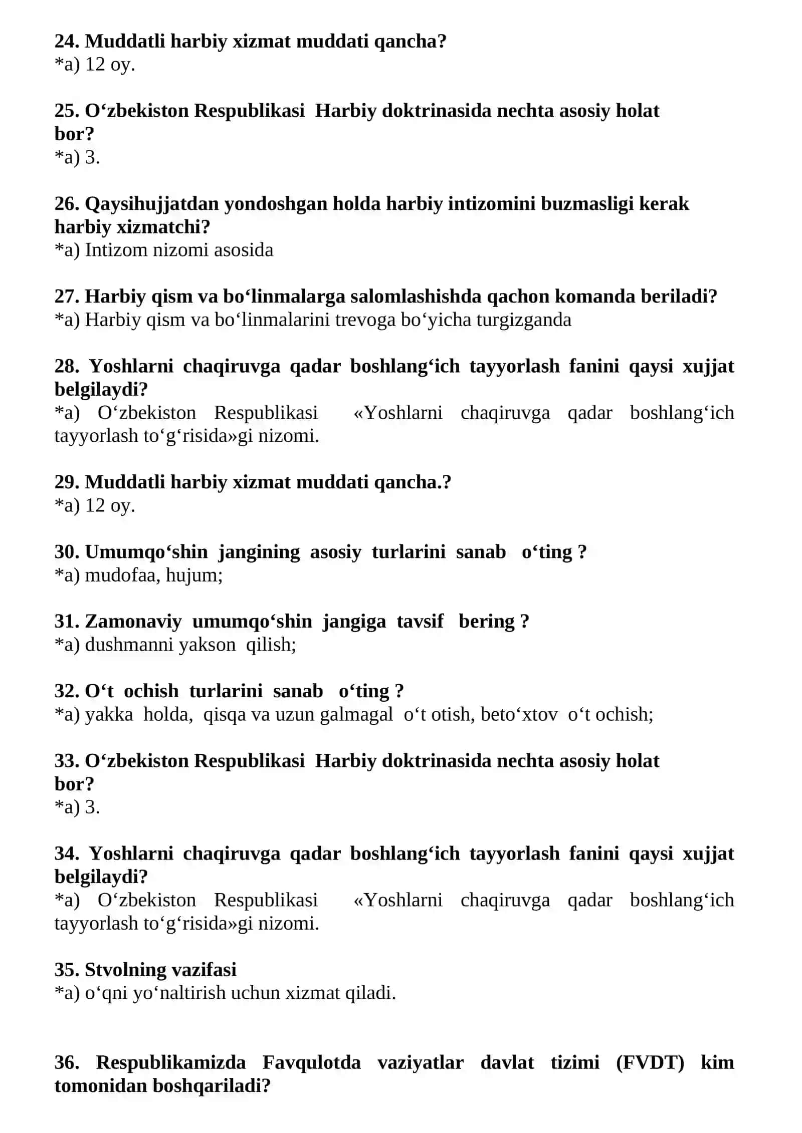 “Chaqiruvga qadar boshlang‘ich tayyorgarlik” fani o‘qituvchilari uchun mutaxassislik fanlaridan testlar 3