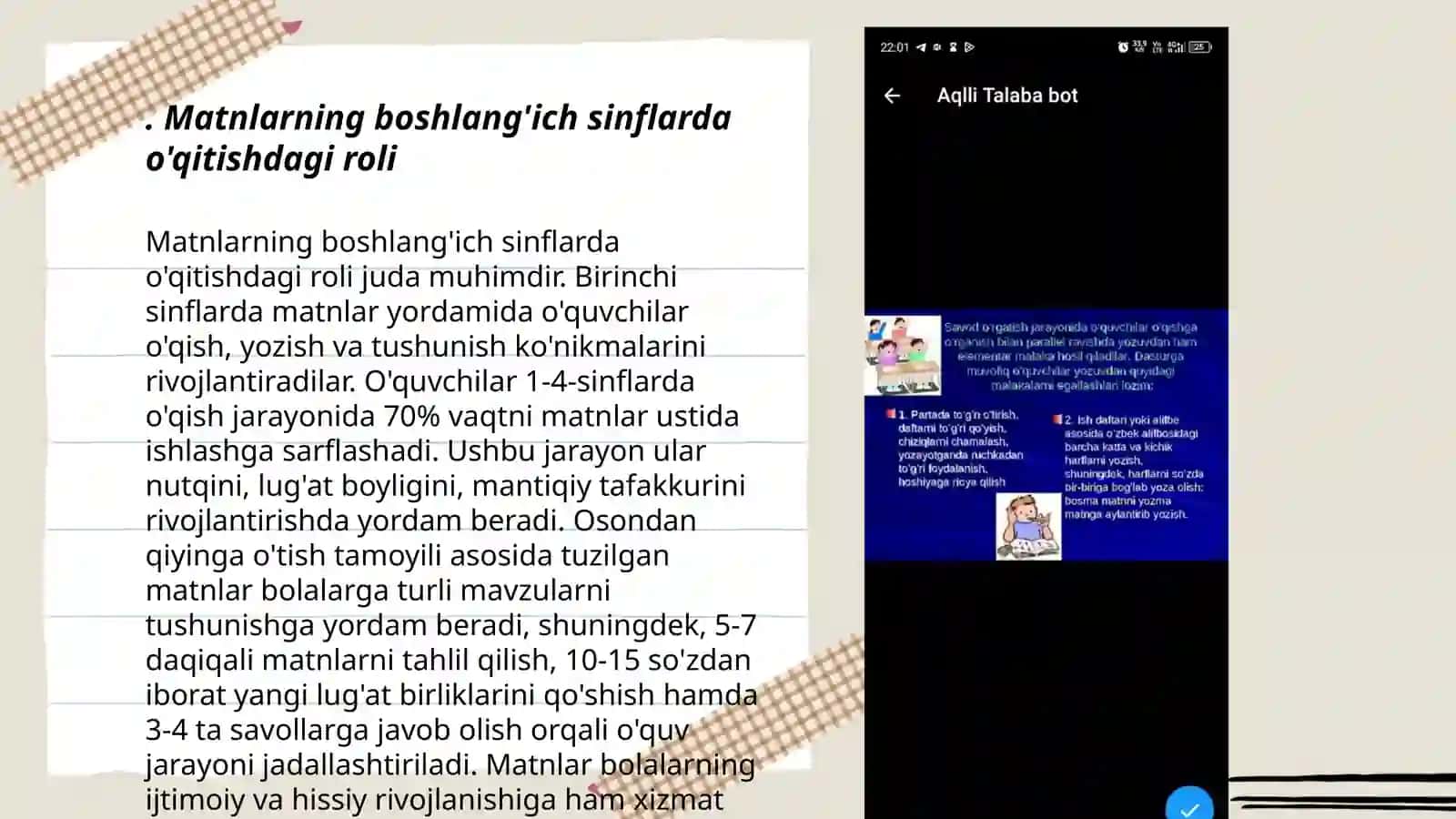 Matn-boshlangʻich sinflarni oʻqish yozishga urga tushda muhim vosita ekanligi haqida konspekt yozish 3