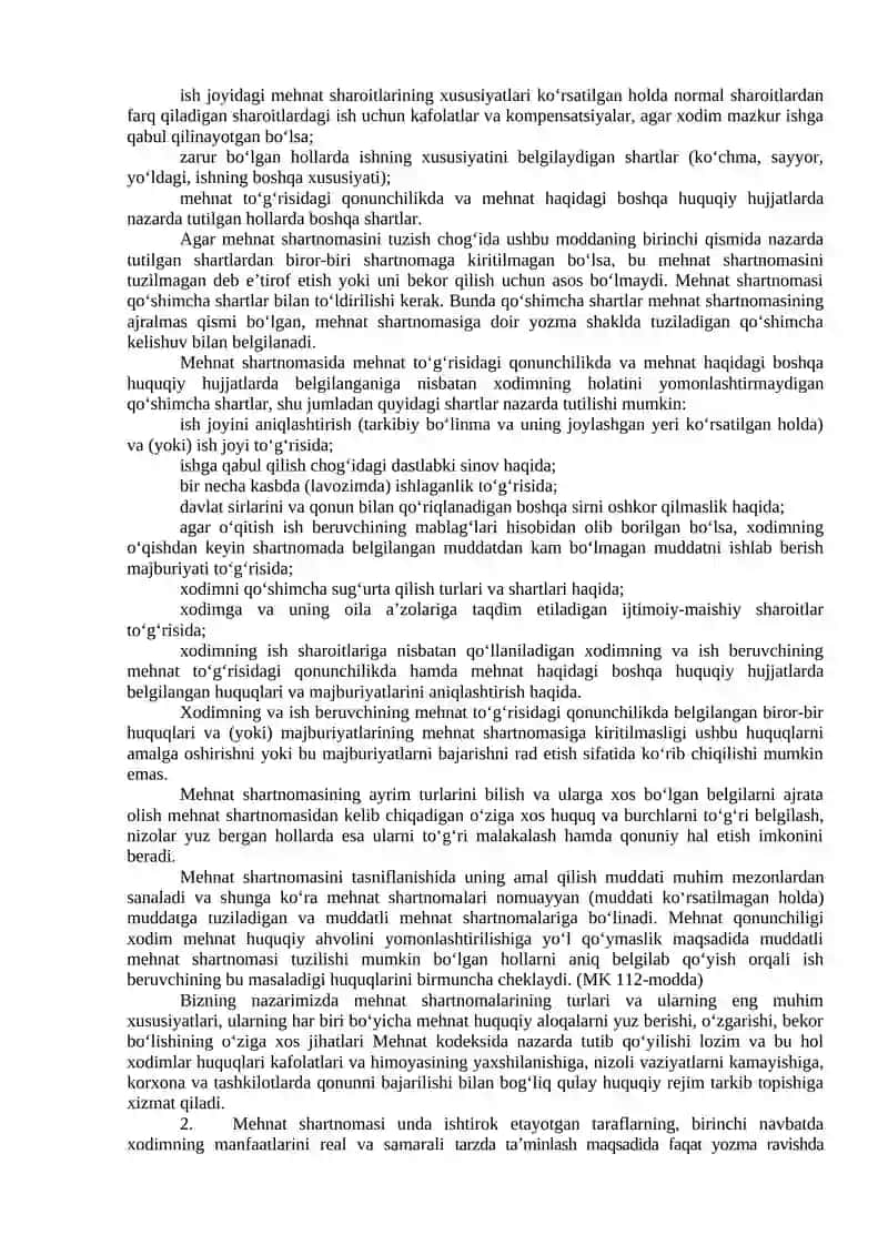Mehnat shartnomasi tuzish, uning shartlarini oʻzgartirish va mehnat shartnomasini bekor qilish 3