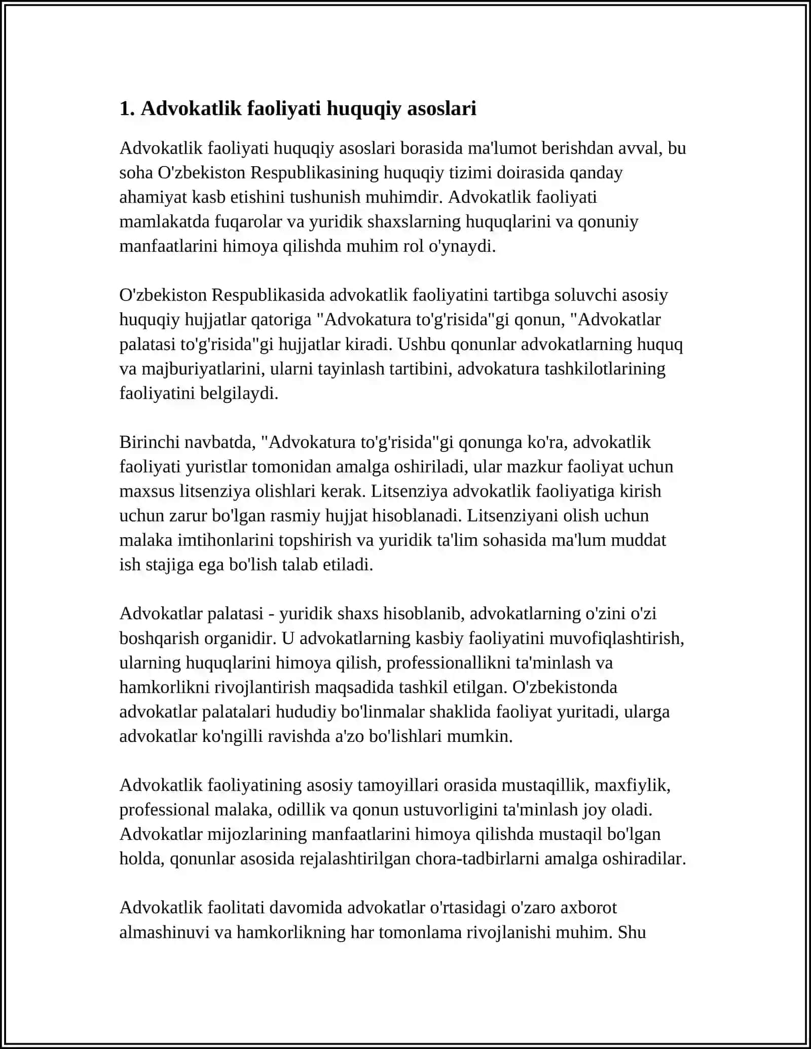 MUSTAQIL ISH Mavzu: ADVOKATLIK FAOLIYATI VA UZLUKSIZ TA'LIM 3