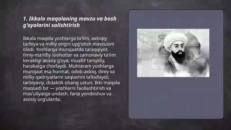 Mahmudxoʻja Behbudiyning "yoshlarga murojaat" va " Muhtaram yoshlarga murojaat" maqolalarni tahlil etish 3
