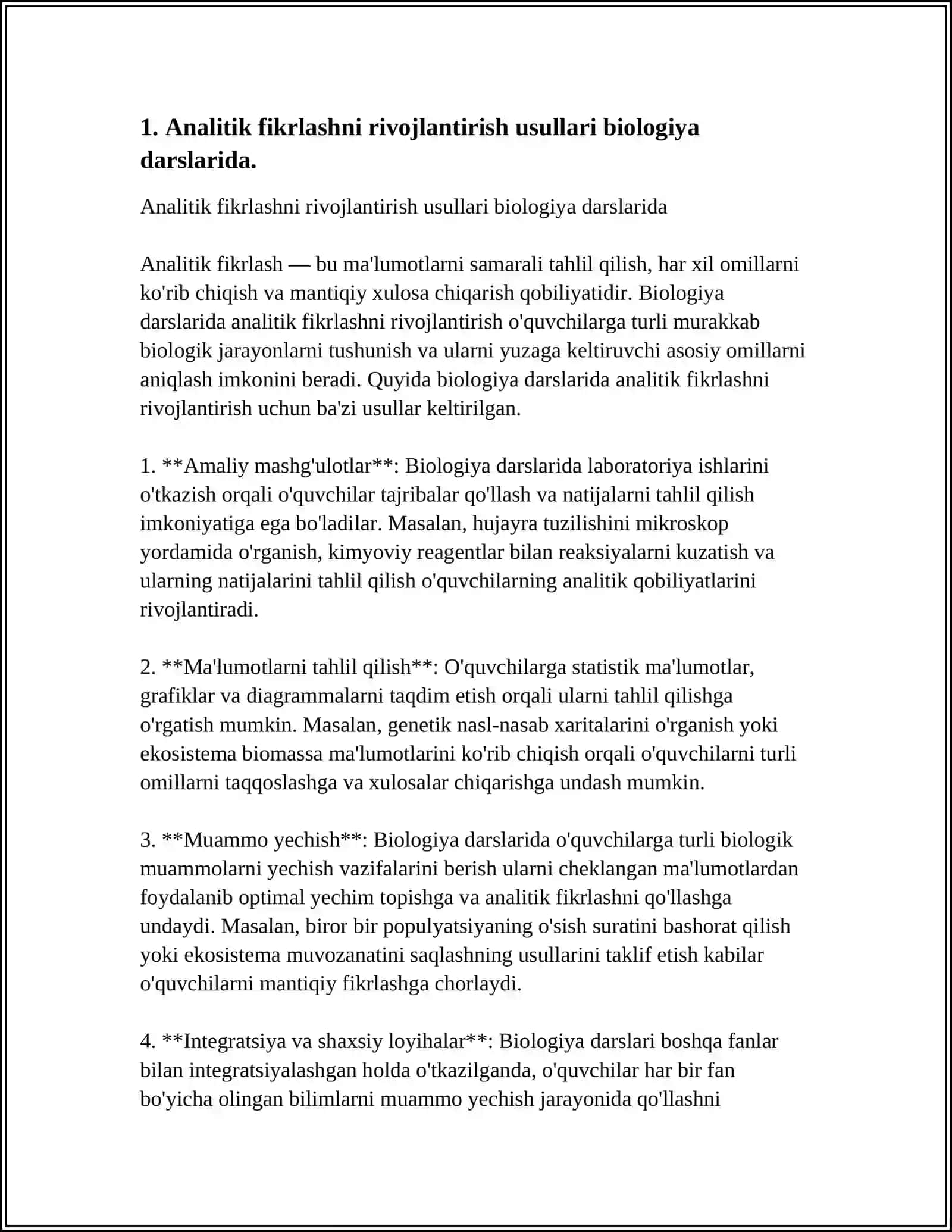 BIOLOGIYANI O’QITISHDA O’QUVCHILARNING TAHLILIY-TANQIDIY VA MANTIQIY FIKR YURITISH KO’NIKMALARINI TARKIB TOPTIRISH YO’LLARI 3