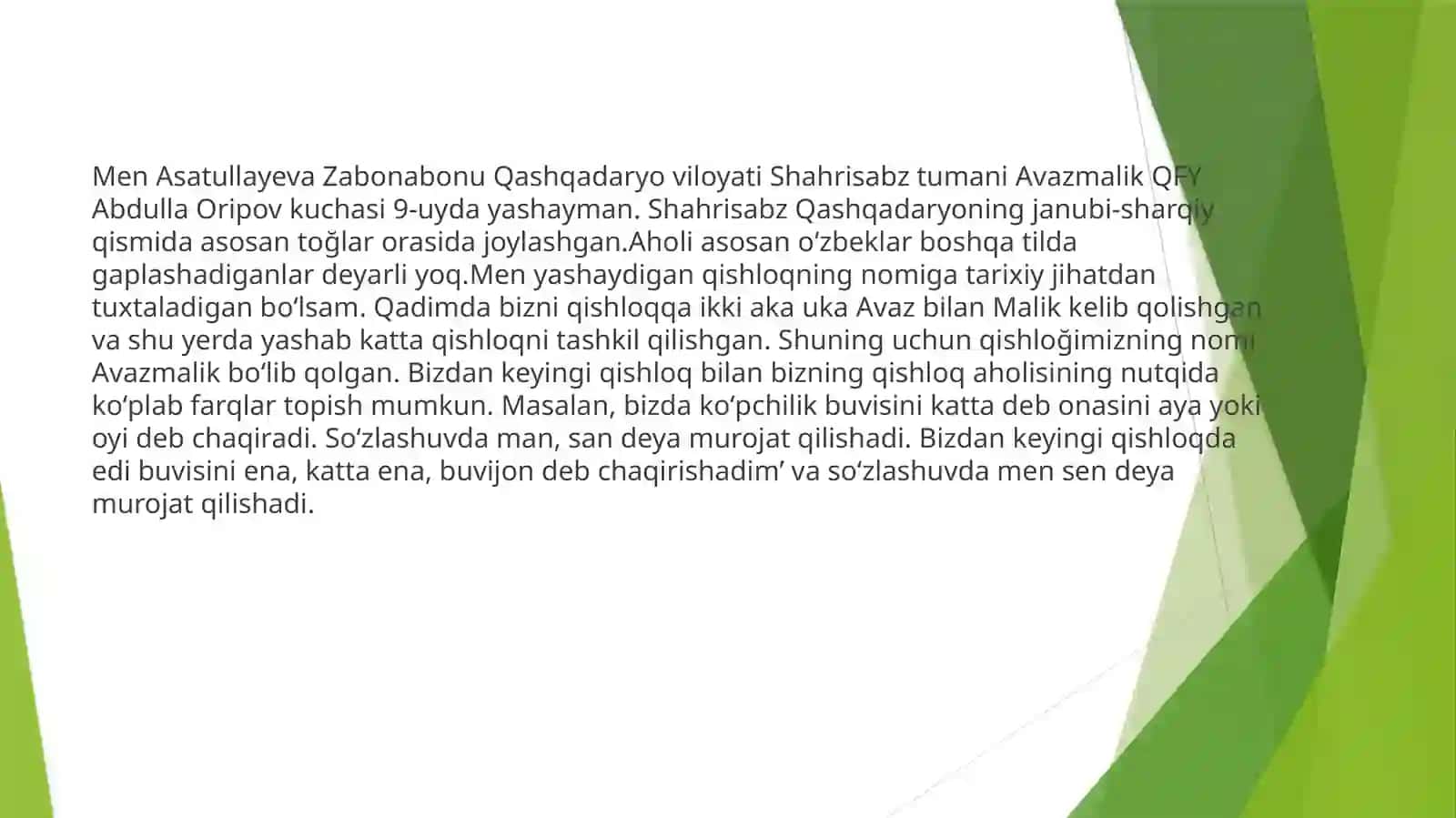 Qashqadaryo viloyati Shahrisabz tumani Avazmalik QFY Qarluq shevasi haqida 3