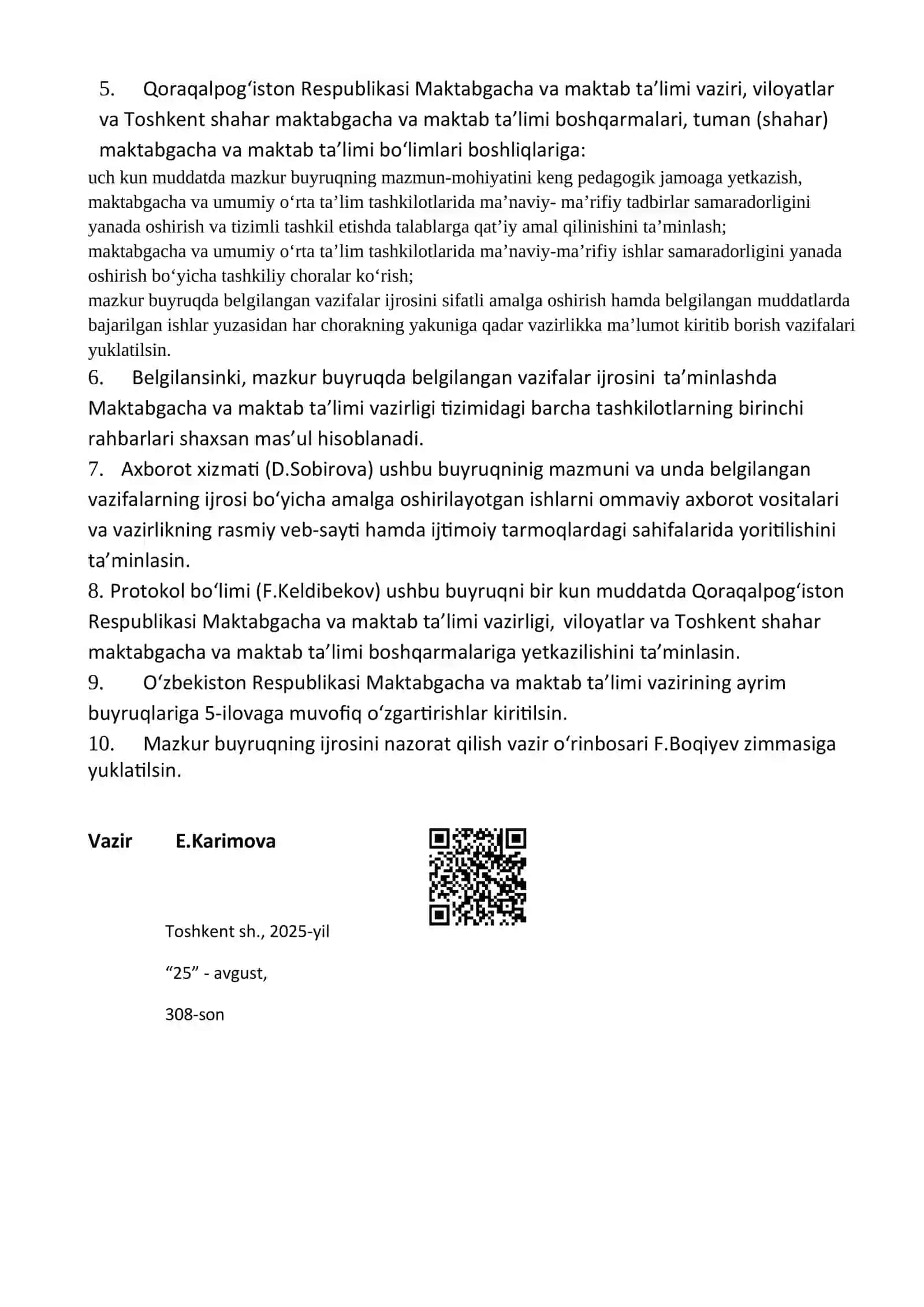 O‘zbekiston Respublikasi Maktabgacha va maktab ta’limi vazirining BUYRUGʻI 3