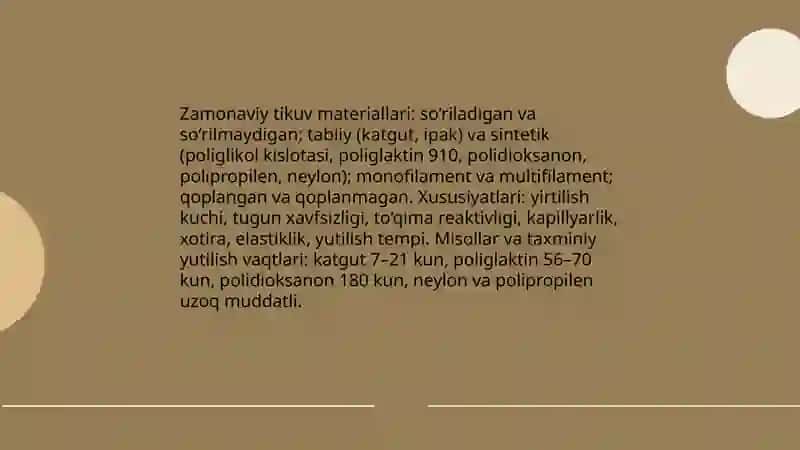 Zamonaviy tikuv materiallari. Sterilizatsiya oldi tayyorgarligi va sterilizatsiya sifatini aniqlash usullari 3
