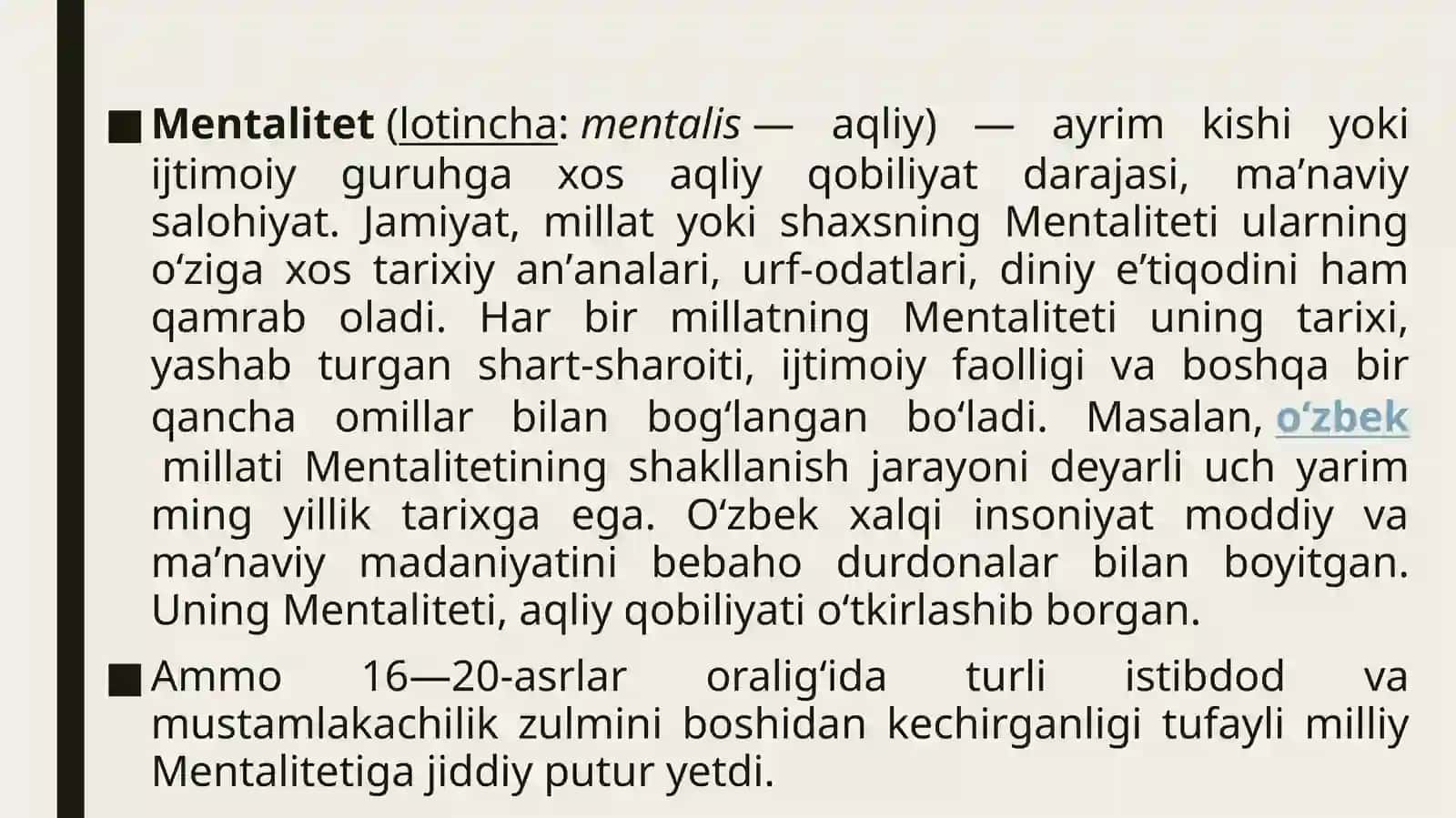 Jahon media va axborot makonida manfaatlar tо‘qnashuvi. Millaymentalitet, etnogenez, etnografiyatushunchasi Madaniyintegratsiya, diffuziya va urbanizatsiyaning bugungi xolati. Axborotmanbalariga qiyosiy va tanqidiy yondashuv. Milliyg‘oya va axborot xavfsizligi. Yot, begona, buzg‘unchi g‘oyalar. 5.Globallashuvsharoitida tinchlik va barqarorlikka taxdid. Mentalitet-nima 3