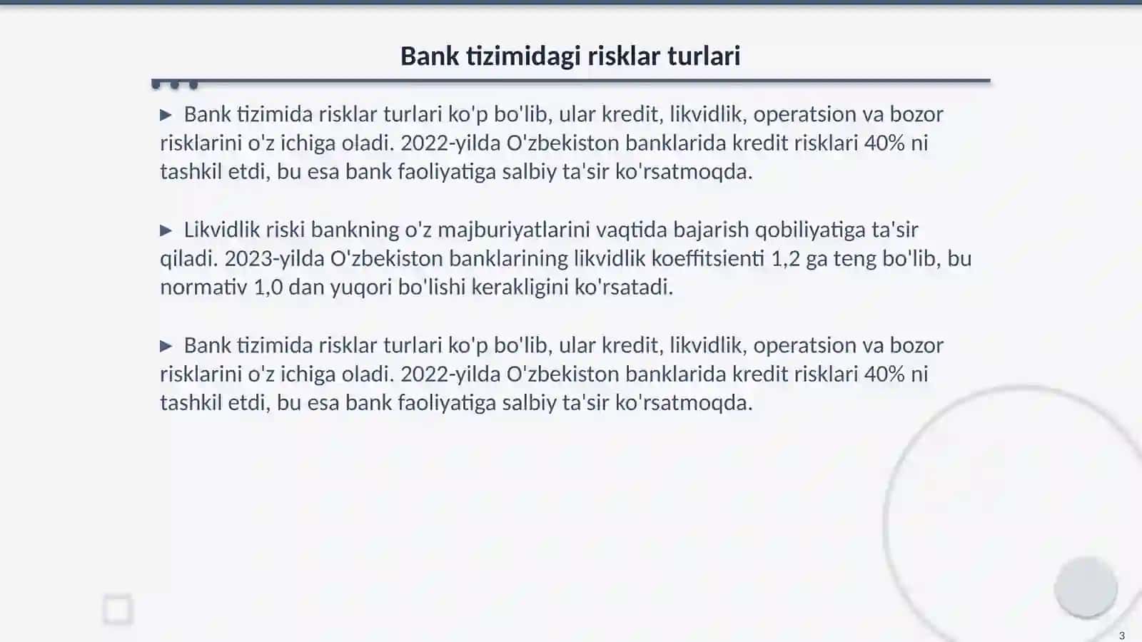 Bank tizimida risk menejmentni takomillashtirish Fan: Iqtisodiyot nazariyasi 3