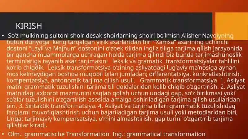 ALISHER NAVOIYNING ‘’HAMSA’’ ASARIDAGI ‘’LAYLI VA MAJNUN’’ DOSTONINING O’ZBEK TILIDAN INGLIZ TILIGA TARJIMA QILISH JARAYONIDA DUCH KELGAN ARXAIK LEKSEMALARNING ETIMOLOGIYASI VA LEKSIKOLOGIK TAHLILI 3