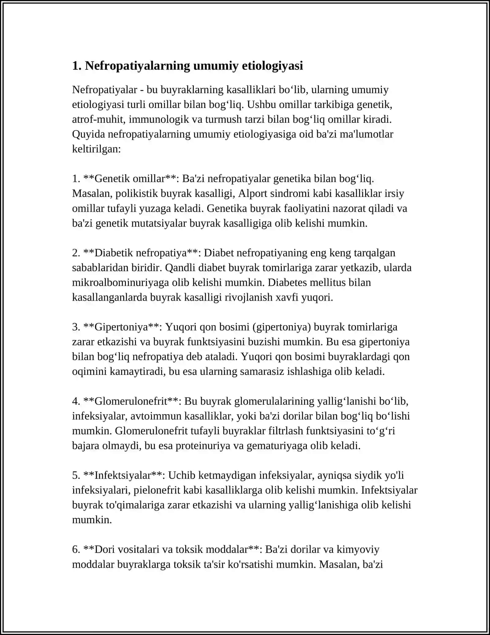 NEFROPATIYALARNING ETIOLOGIYASI, PATOGENEZI VA KASALLIKNI ANIQLASH USULLARI 3