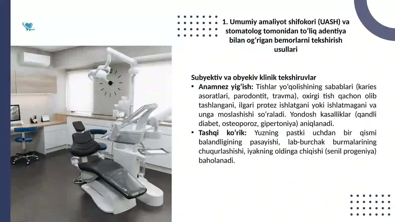 milliy klinik davolash protokollariga muvofiq umumiy amaliyot shifokori tomonidan tishlari butunlay yo‘q bo‘lgan bemorlarni tekshirish usullari. Protezlarni mahkamlash va yo‘q bo‘lgan bemorlarni tekshirish usullari. Protezlarni mahkamlash va barqarorlashtirish haqida tushuncha. Adeziya va kogeziya. To‘liq adentiyani davolashni rejalashtirish uchun sun’iy intellektdan foydalanish 3