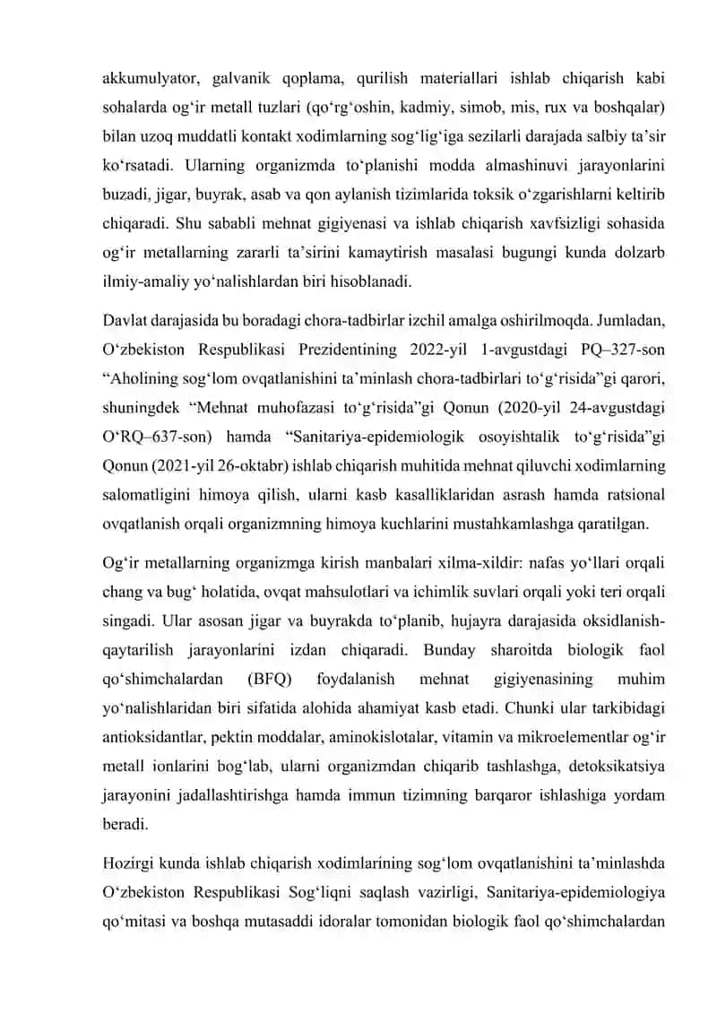 ISHLAB CHIQARISH MUHITIDA OG‘IR METALL TUZLARI BILAN ZAHARLANISHNING OLDINI OLISHDA BIOLOGIK FAOL QO‘SHIMCHALARNING SAMARADORLIGI 3