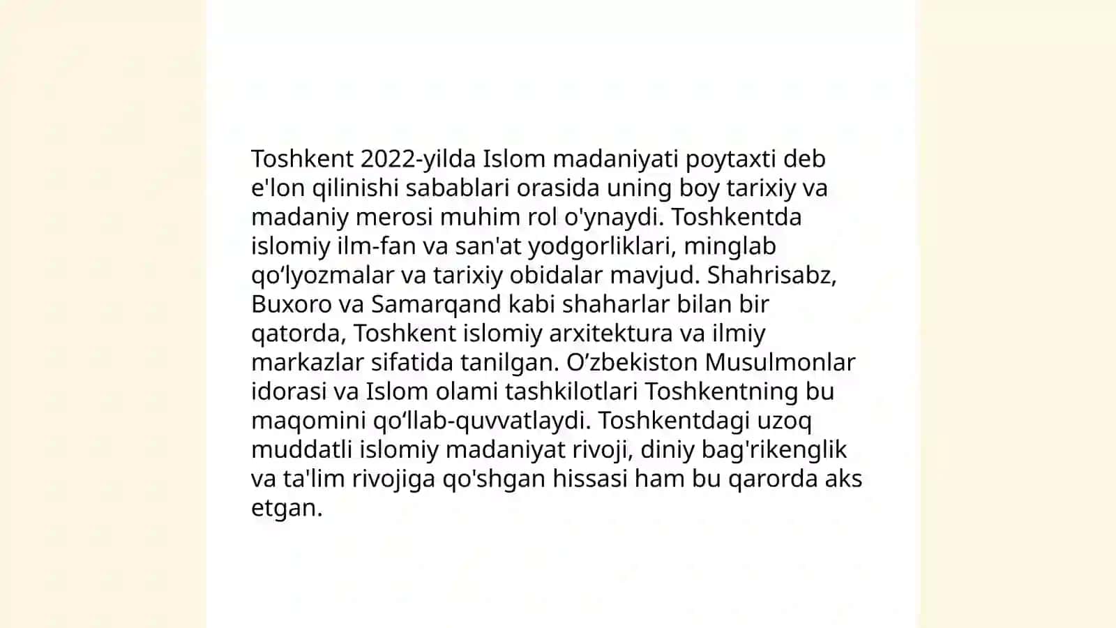 Toshkent-Islom madaniyati poytaxti deb e'lon qilinishi sabablari 3