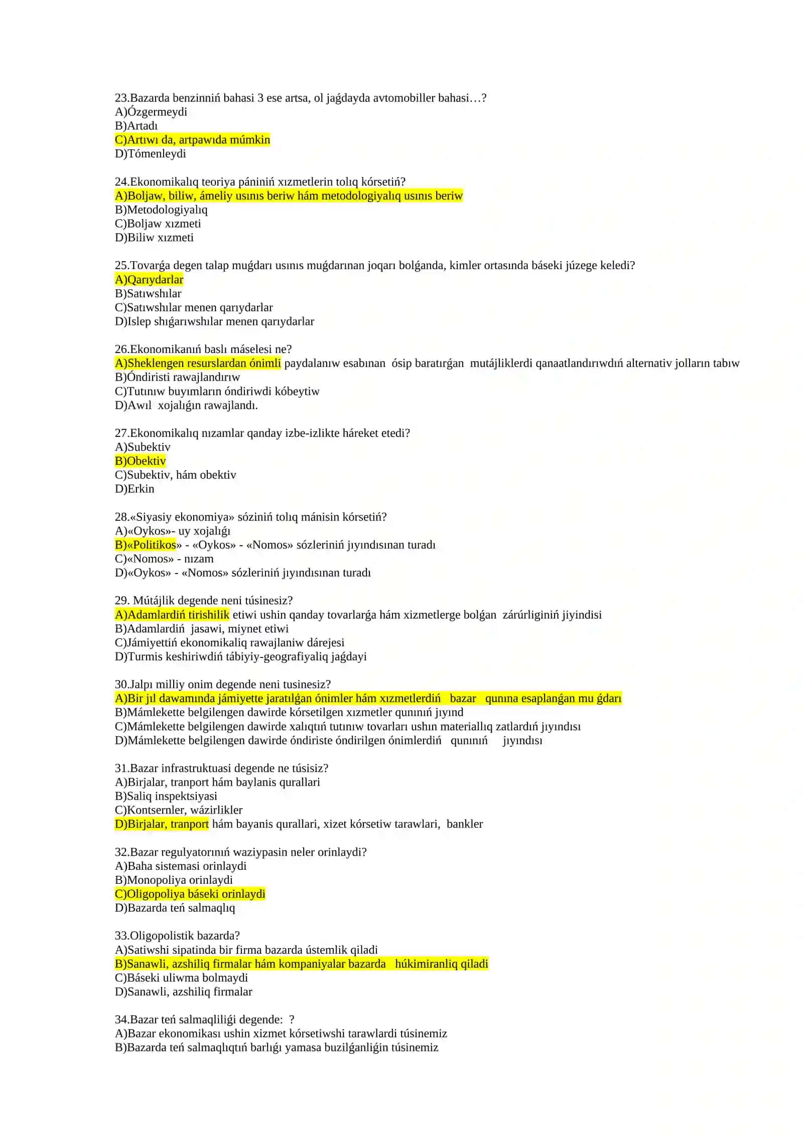 Ekonomikakiq teoriya páninen TEST sorawları 3