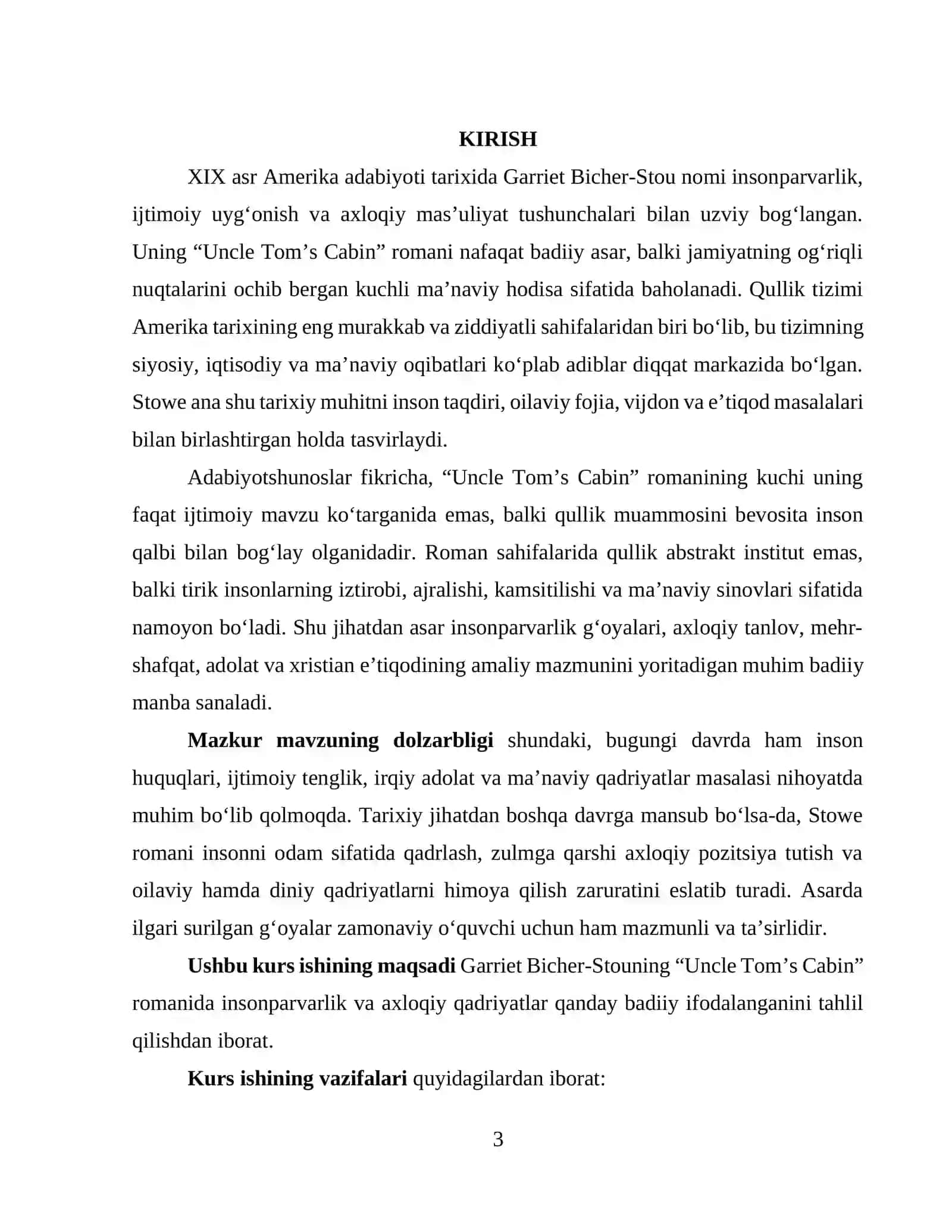 “GARRIET BICHER STOUNING “UNCLE TOM’S CABIN” ROMANIDA INSONPARVARLIK VA AXLOQIY QADRIYATLAR TALQINI” 3