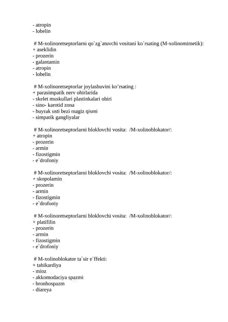 M-va N-xolinoreseptorlarni rg’g’batlantiruvchi /M-va N-xolinomimetik preparat 3