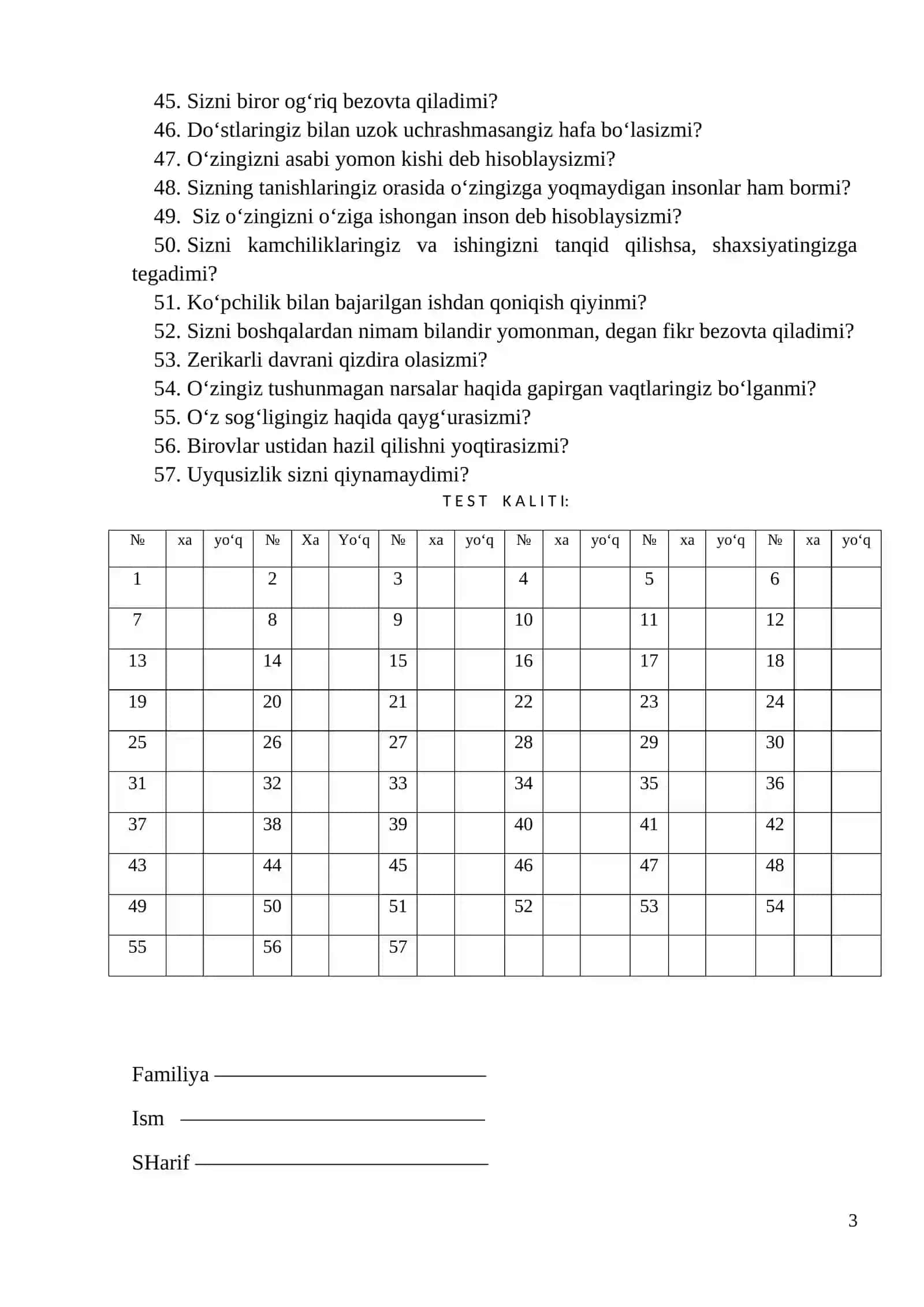 Ayzenkning so‘rovnoma - testi 3