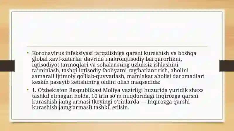 KORONAVIRUS PANDEMIYASI VA GLOBAL INQIROZ HOLATLARINING IQTISODIYOT TARMOQLARIGA SALBIY TA’SIRINI YUMSHATISH BO‘YICHA BIRINCHI NAVBATDAGI CHORA-TADBIRLAR TO‘G‘RISIDA 3