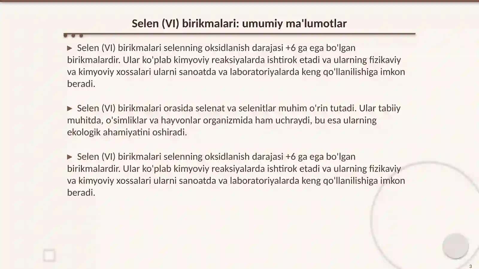 Selen (VI) birikmalari va ularning xossalari 3