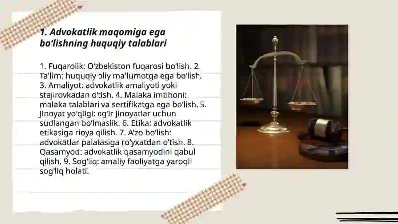Advokatlik maqomiga ega boʻlish advokatlik maqomini toʻxtatib turish hamda tugatish 3