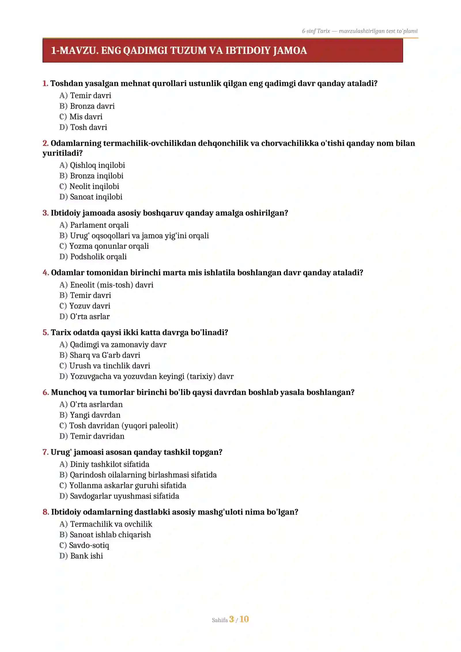 6-SINF TARIX — QADIMGI DUNYO TARIXI TEST TO'PLAMI 2026 (56 savol, javoblari bilan) 3