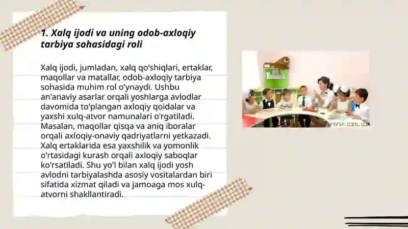 Kichik yoshdagi maktab oʻquvchilarini odob-axloqiy tarbiyalashda xalq ijodining tarbiyaviy ahamiyati 3