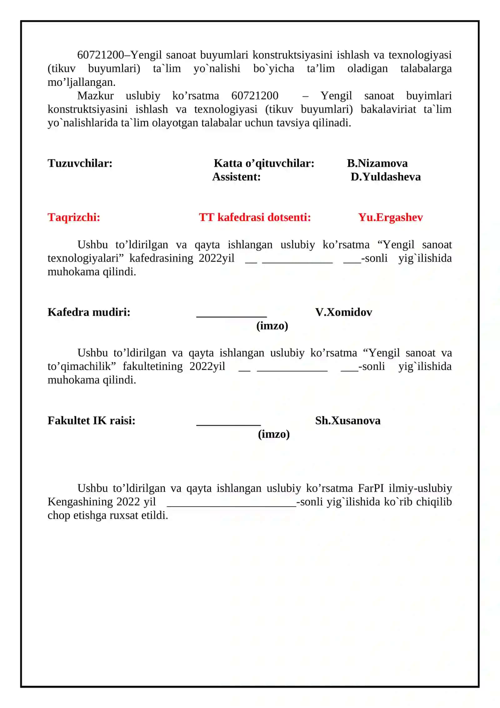 Kiyim tuzilishi dizayn asoslari fanidan USLUBIY KO‘RSATMA 60721200 – “Yengil sanоat buyimlari konstruktsiyasini ishlash va texnоlоgiyasi” ta’lim yo’nalishlari talabalari uchun mo‘ljallangan 3