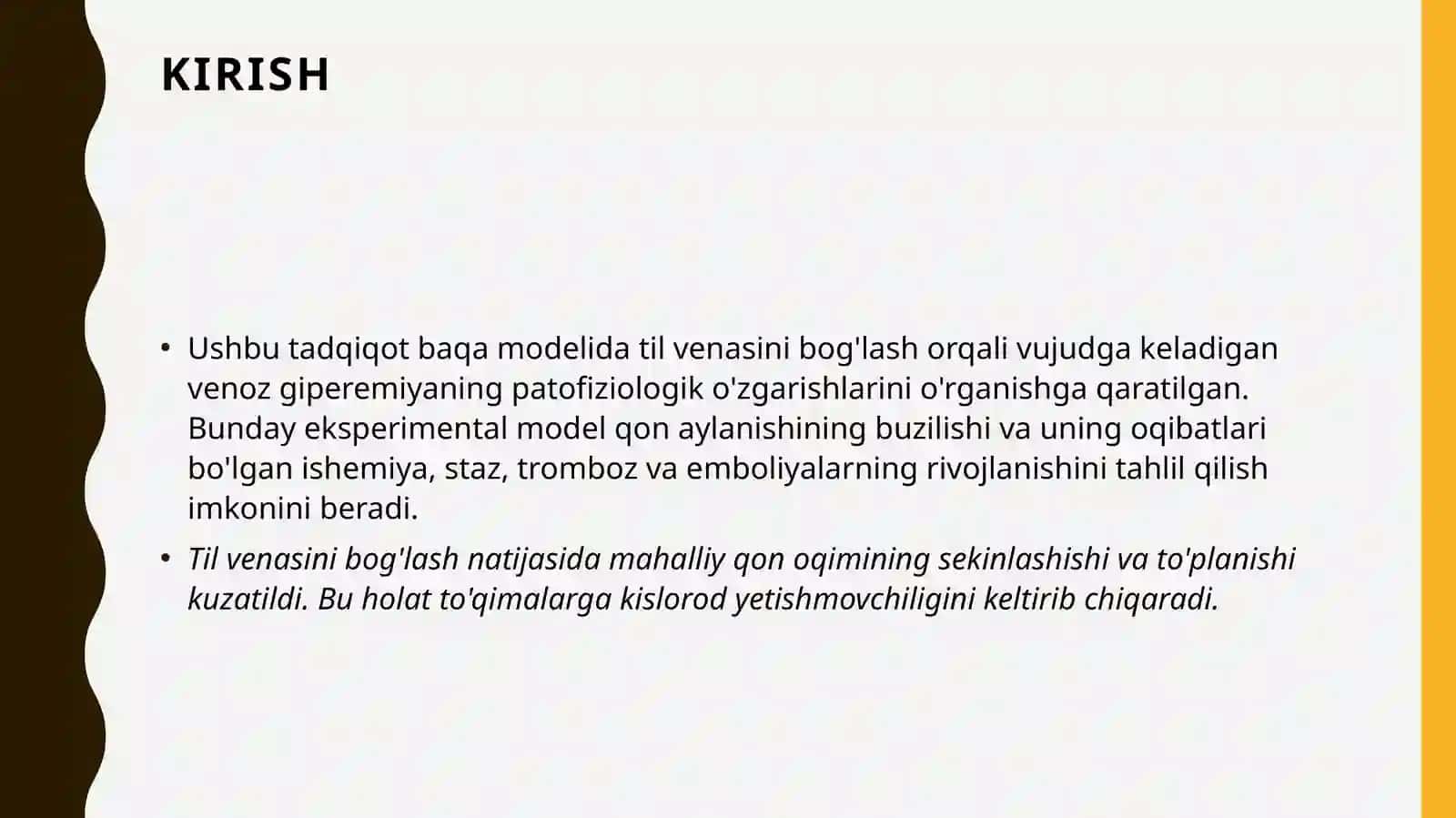 Venoz giperemiyani baqa tilida til venasini bog'lash yo'li bilan yuzaga keltirish: ishemiya, staz, tromboz, emboliyalar 3