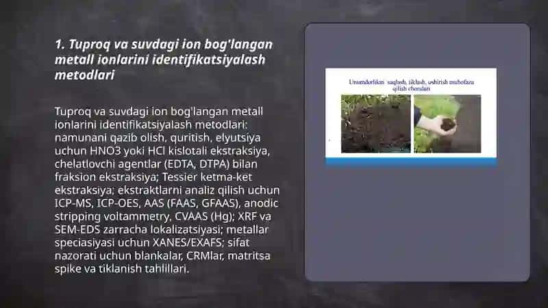 Tuproq va suvning ifloslanishda ion bog'lanishi birikmalarni aniqlab, ulardan tozalash usulini ishlab chiqish 3