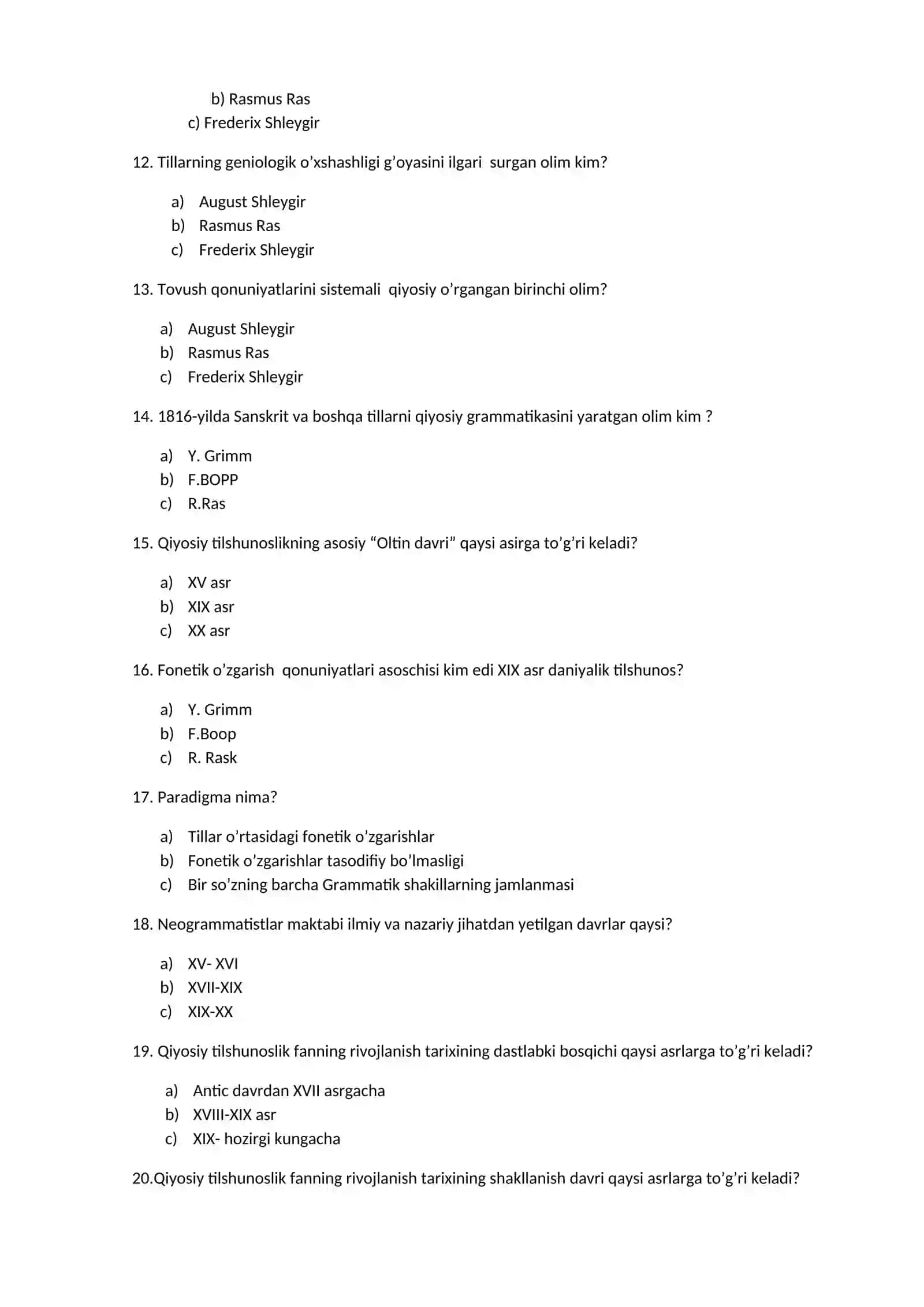 Qiyosiy tilshunoslik fanidan testlar 3