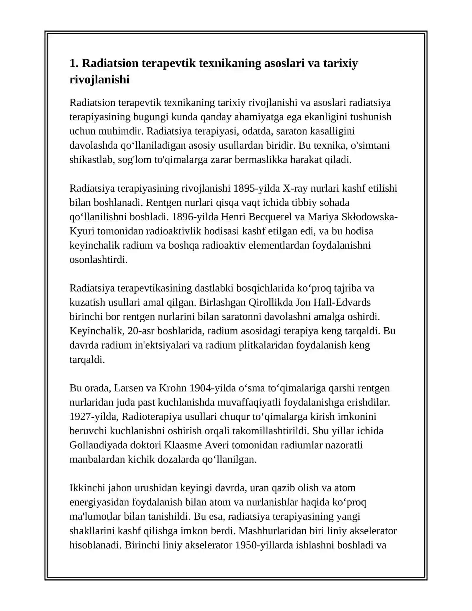 RADIATSION TERAPEVTIK TEXNIKA.NUR TERAPIYASI BIOLOGIK ASOSLARI.OʻSMA KASALLIKLARNI NUR TERAPIYASI 3