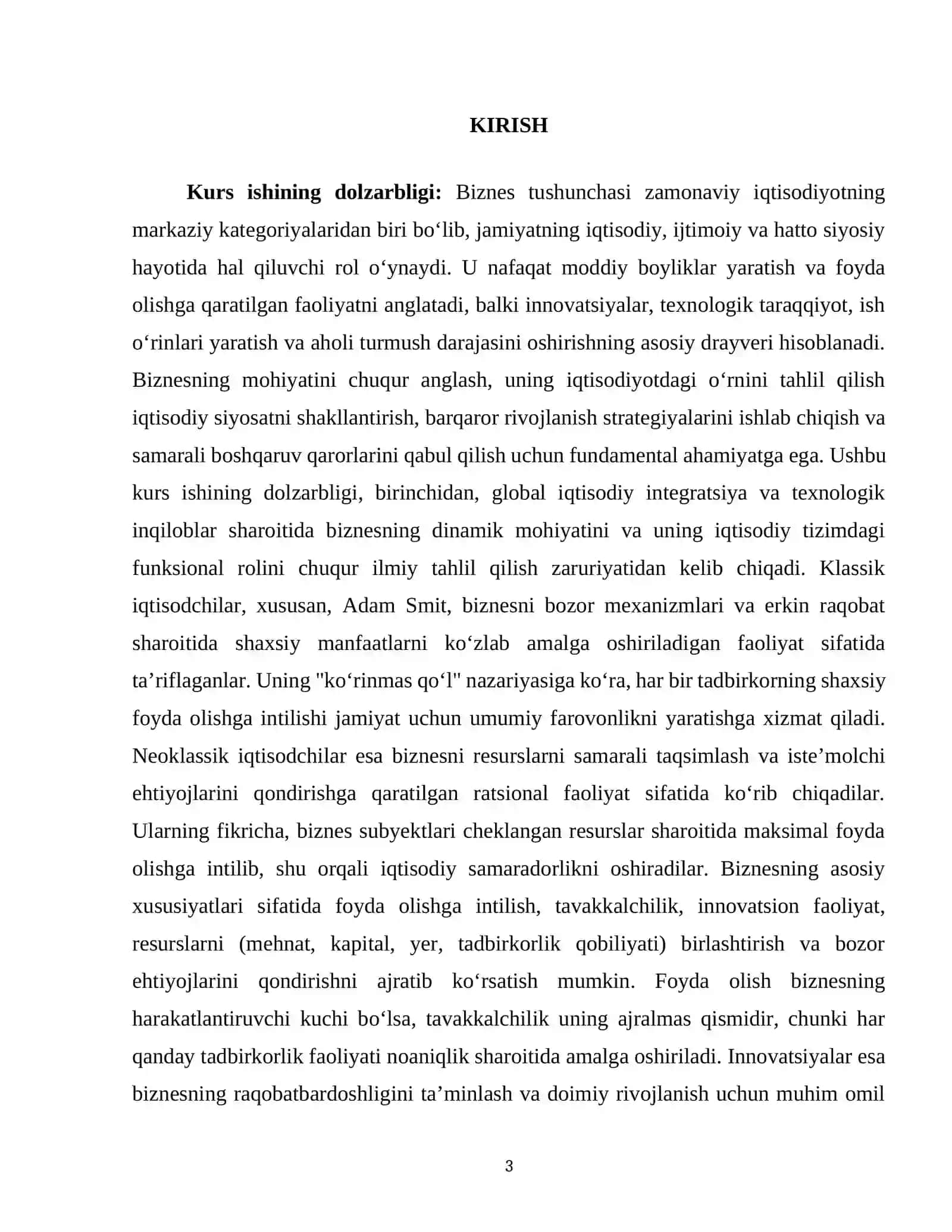 BIZNES TUSHUNCHASI VA UNING IQTISODIYOTDAGI O‘RNI 3