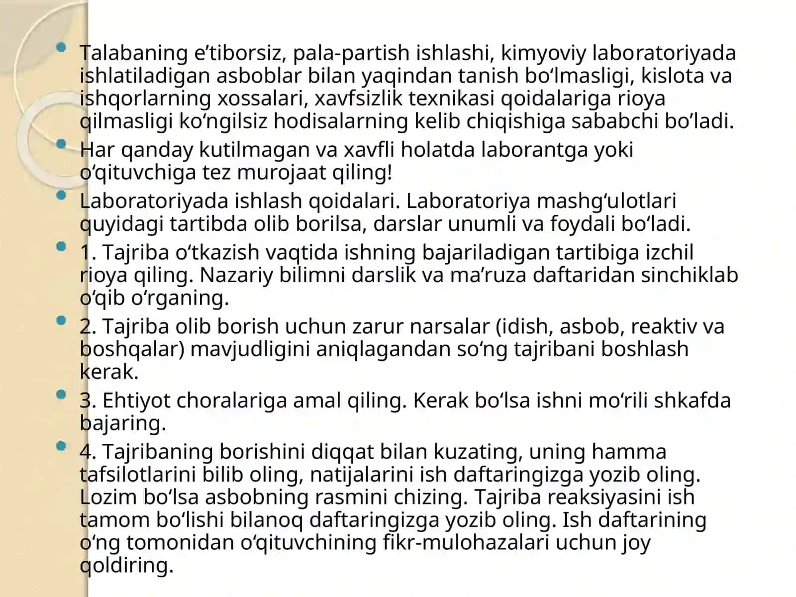 KIMYOVIY LABORATORIYADA TAJRIBA OLIB BORISHTARTIBI VA XAVFSIZLIK QOIDALARI 3