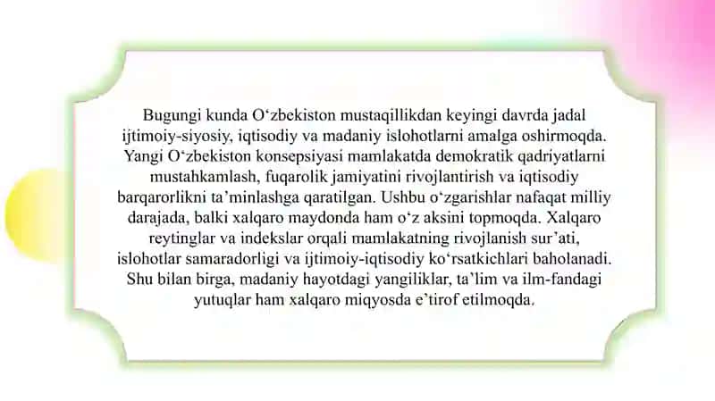 Yangi O‘zbekiston ijtimoiy-siyosiy, iqtisodiy va madaniy hayotida ro‘y berayotgan o‘zgarishlarning xalqaro reyting va indekslarda aks etishi slayd 3