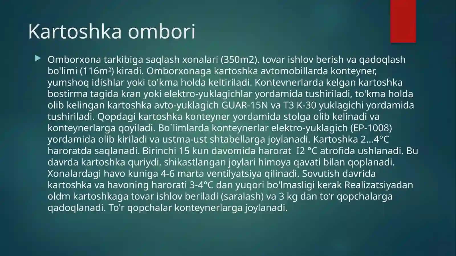 Meva-sabzavot, uzum, ildizmeva, poliz va kartoshka mahsulotlarini saqlash omborlari. 3