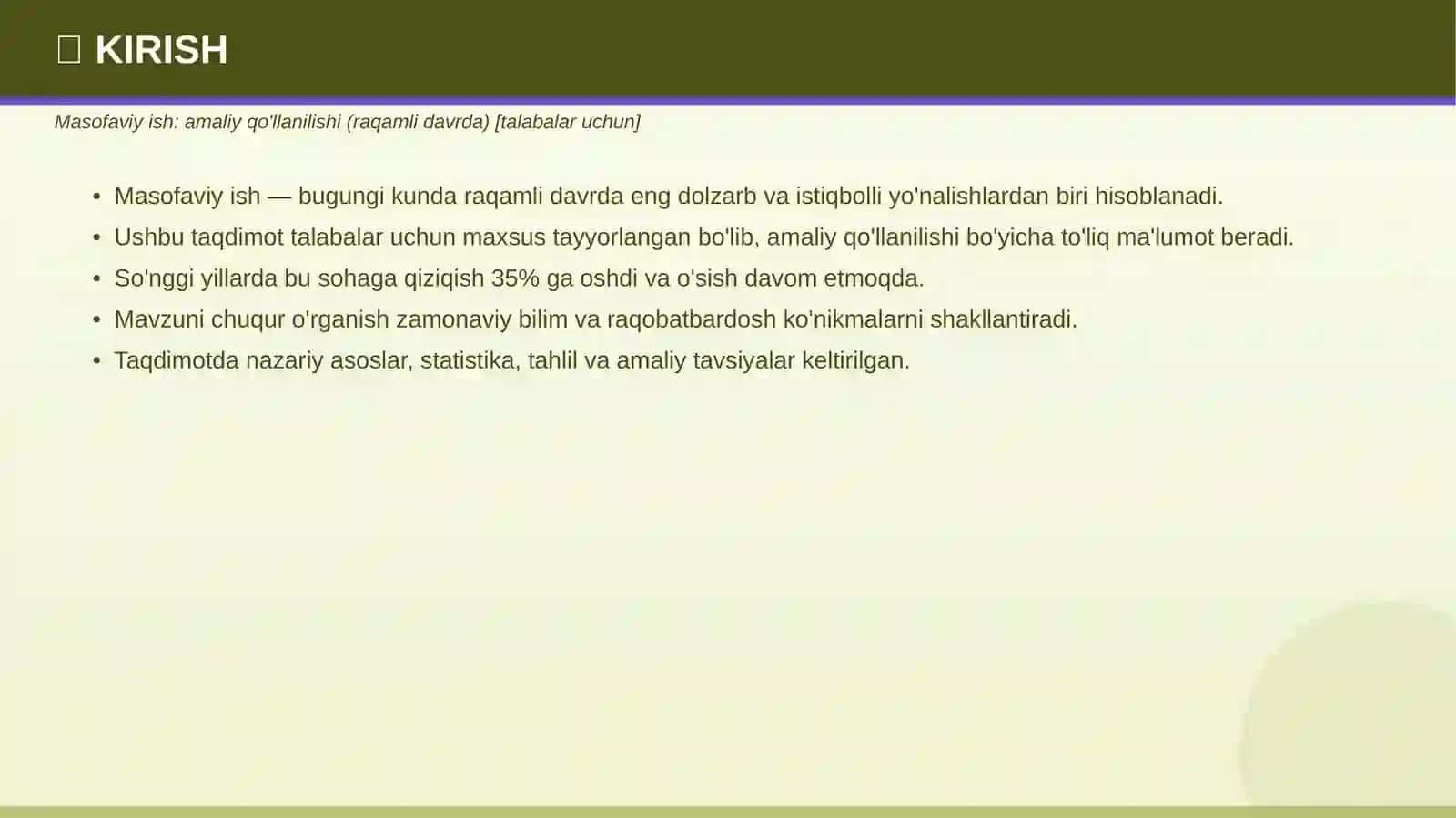 Masofaviy ish: Amaliy qo'llanilishi (raqamli davrda) [Talabalar uchun] 3