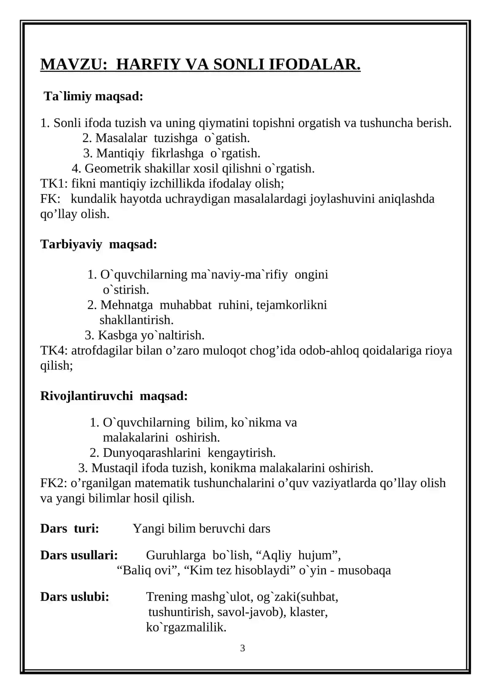 Matematika fanidan 2-sinflar uchun “Harfiy va sonli ifodalar” 3