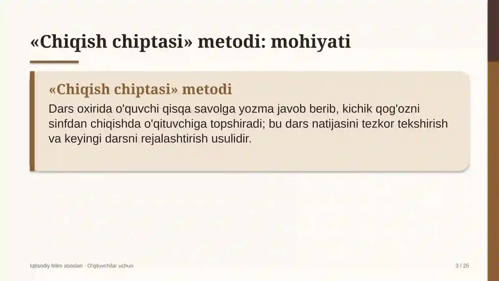 iqtisodiy bilim asoslari darslarida chiqish chiptasi metodidan foydalanish 9244 3