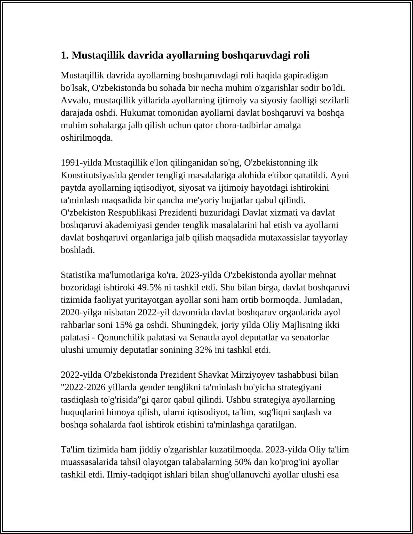 MUSTAQILLIK YILLARIDA BOSHQARUVDA AYOLLARNING OʻRNI 3