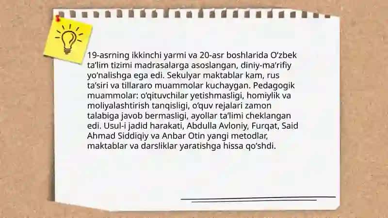 19 asrning ikkinchi yarmi 20 asr boshlarida taʼlim va pedagogik fikrlar (Anbar otin,Furqat,Said Ahmad Siddiqiy,Abdulla Avloniy larning taʼlim -tarbiya taraqqiyotida tutgan oʻrni) 3
