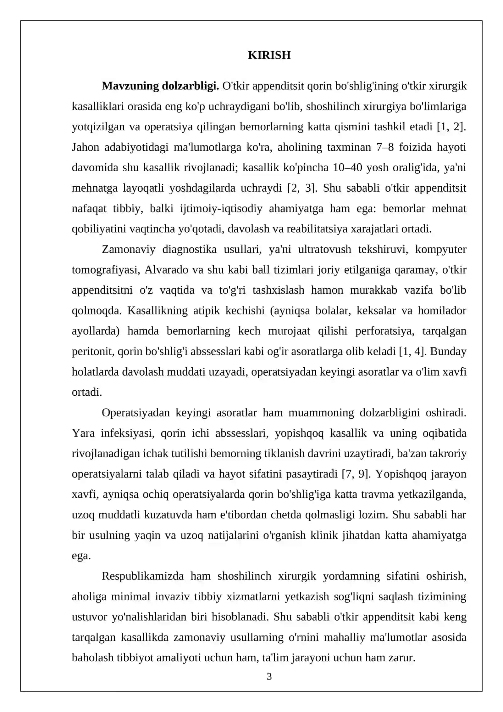 O‘TKIR APPENDITSITDA LAPAROSKOPIK VA OCHIQ APPENDEKTOMIYA USULLARINING KLINIK SAMARADORLIGINI QIYOSIY BAHOLASH SHU MAVZUDA PROFFISIONAL DIPLOM ISHI 3