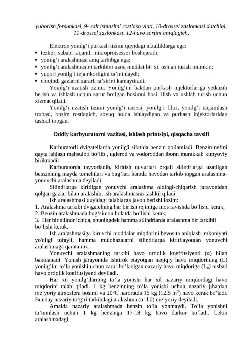 ZAMONAVIY AVTOMOBILLARNING KARBYURATORLI DVIGATELLARINI TA’MINLASH TIZIMI 3