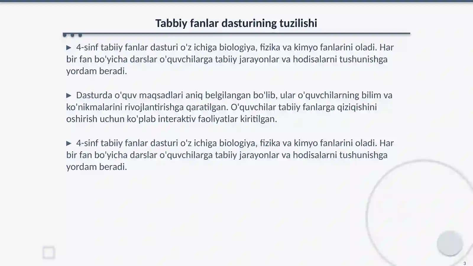 4- Sinf Tabbiy fanlar dasturi va darsligini o'rganish darsni kuzatish va tahlil qilish 3