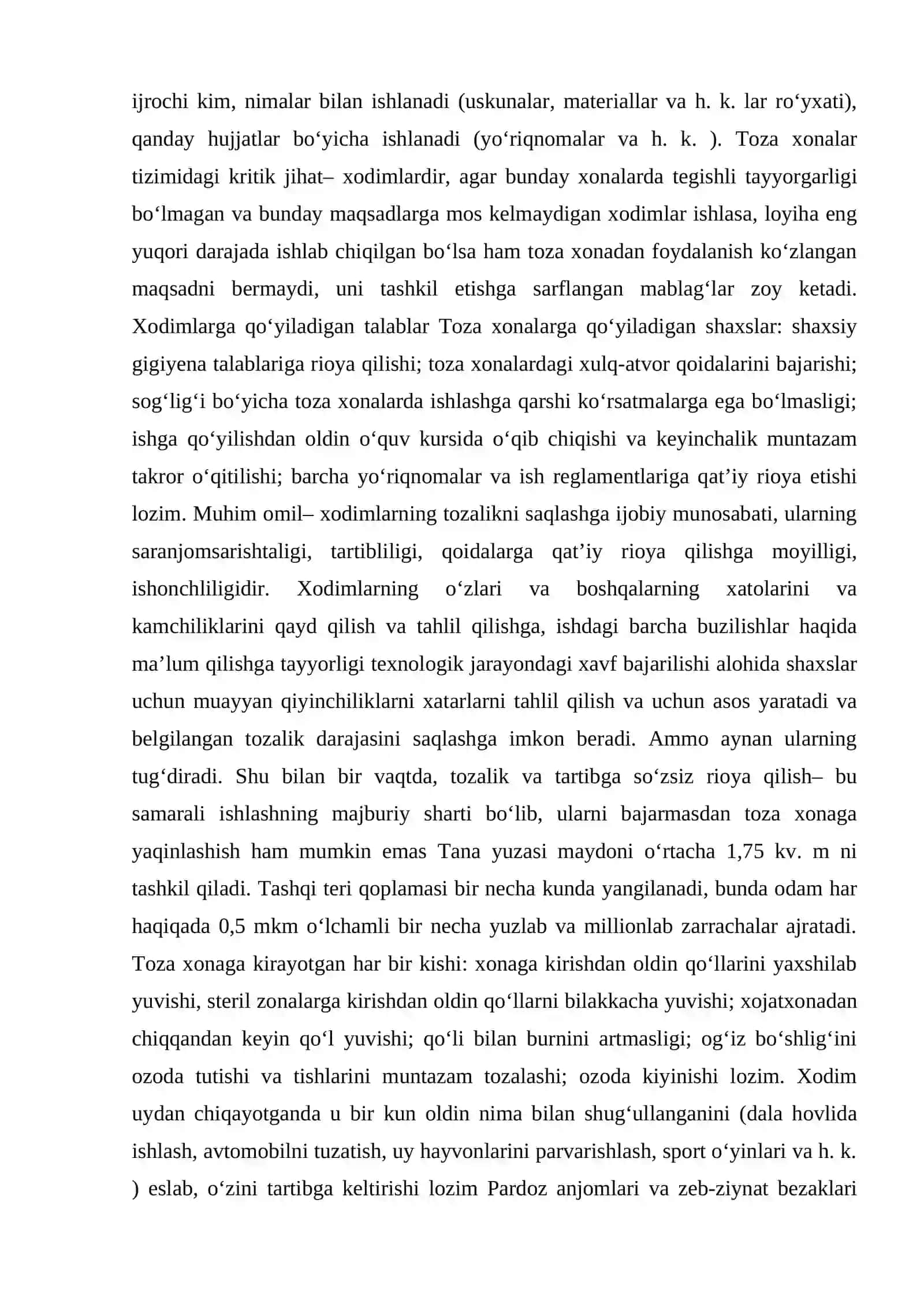 Kimyo-farmatsevtika korxonalarida tozza xonalarga va ishchi xodimlar kiyimlariga qo’yiladigan gigiyenik talablar 3