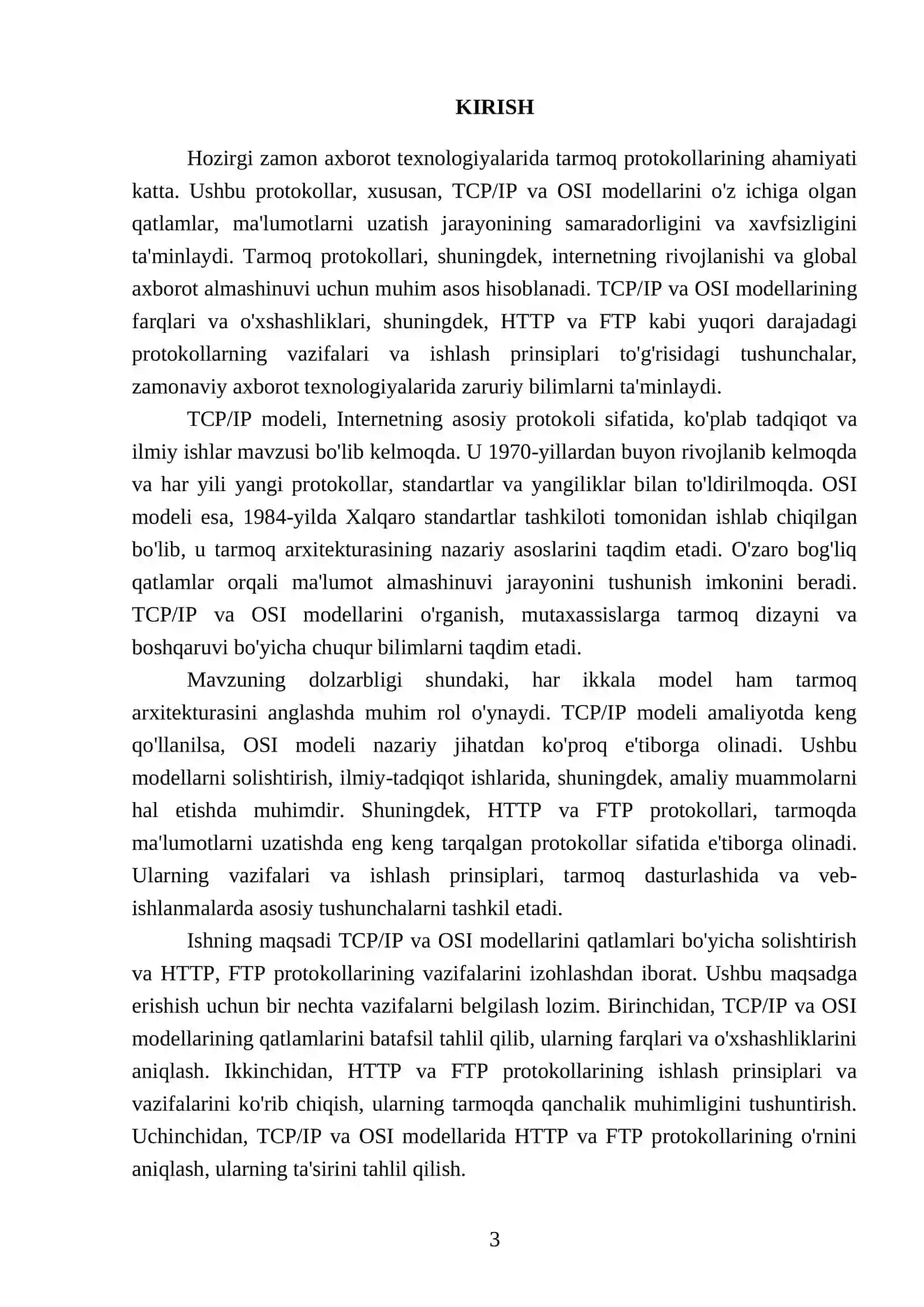 TCP//P va OSI modellarini qatlamlari boʻyicha solishtiring. HTTP va FTP protokollarining vazifalarini izohlang 3