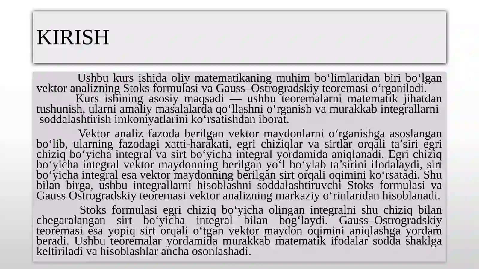 "Stoks, Gauss-Ostrogrodskiy formulalari" 3