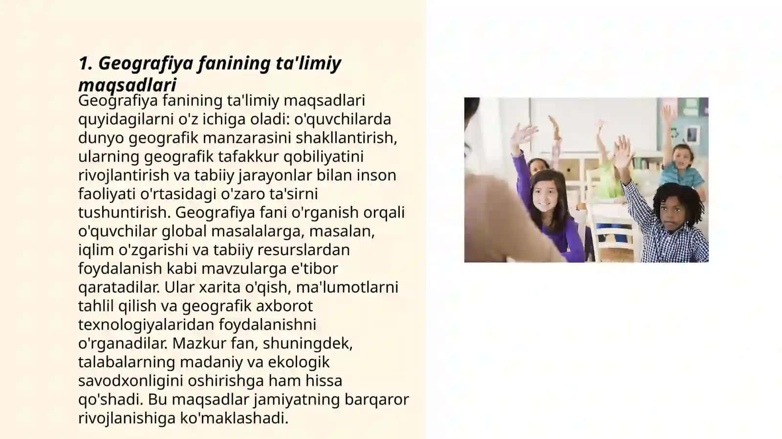 Geografiya fani oʻqitishning taʼlimiy,tarbiyaviy va rivojlantiruvchi maqsadlari by Rajabova Zulfiya 3