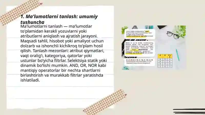 Ma’lumotlarni tanlash va ular ustida amallar. AND, OR, NOR mantiqiy standart so‘zlardan foydalanish Homidov Murodbek 3