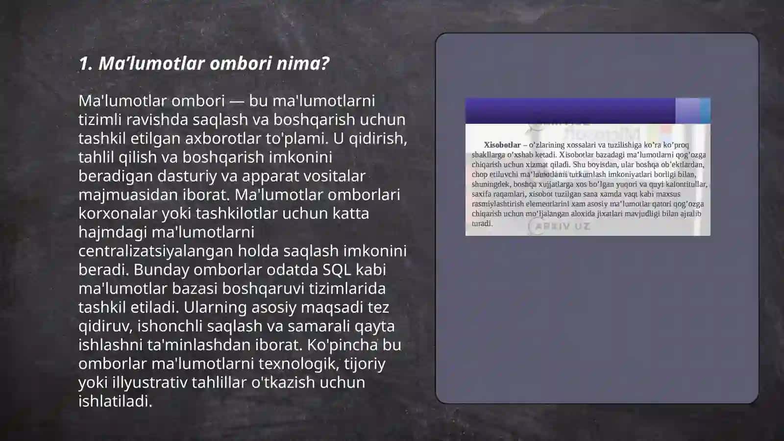Ma’lumotlar ombori, uni tashkil etish. Microsoft Access ni ishlatish texnologiyasi 3